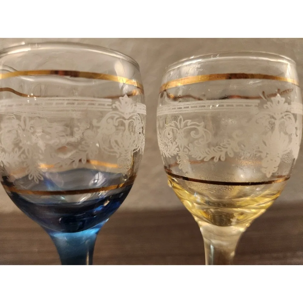 Venezia Cordial Glass LOT Etched Gold Accent Blue Yellow Italian Stemware